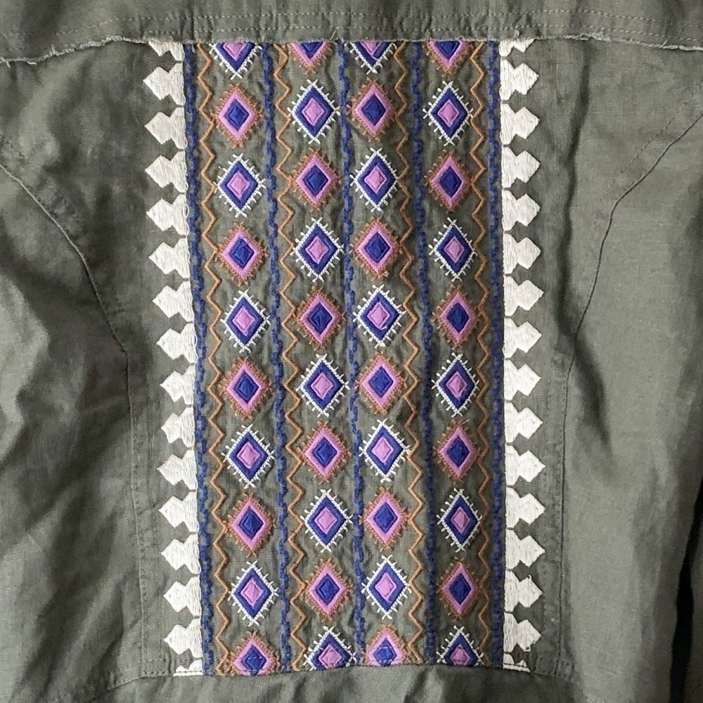 International Concepts 100% Linen Embroidered Olive Green Utility Jacket Sz M - Picture 7 of 13